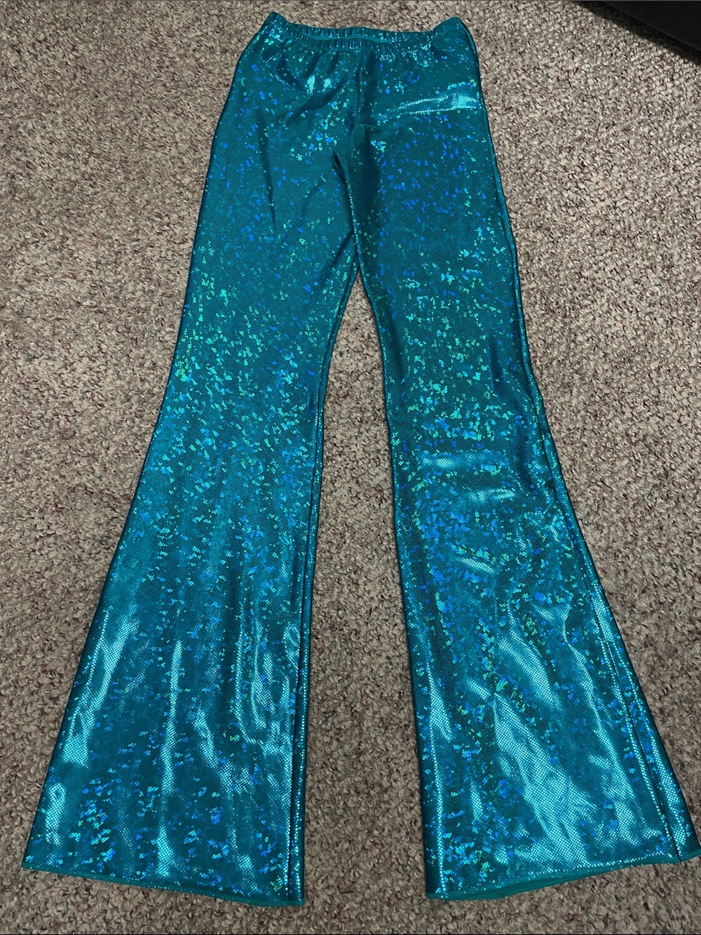 New hologram metallic green/blue flare leg dance pants